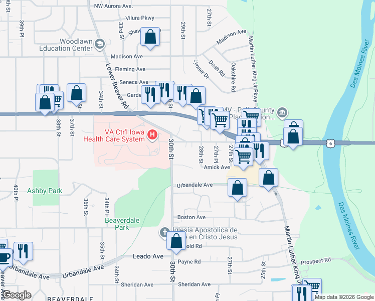 map of restaurants, bars, coffee shops, grocery stores, and more near 2815 Shadyoak Drive in Des Moines