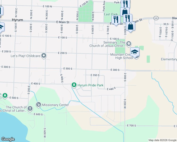 map of restaurants, bars, coffee shops, grocery stores, and more near 580 East 300 South in Hyrum