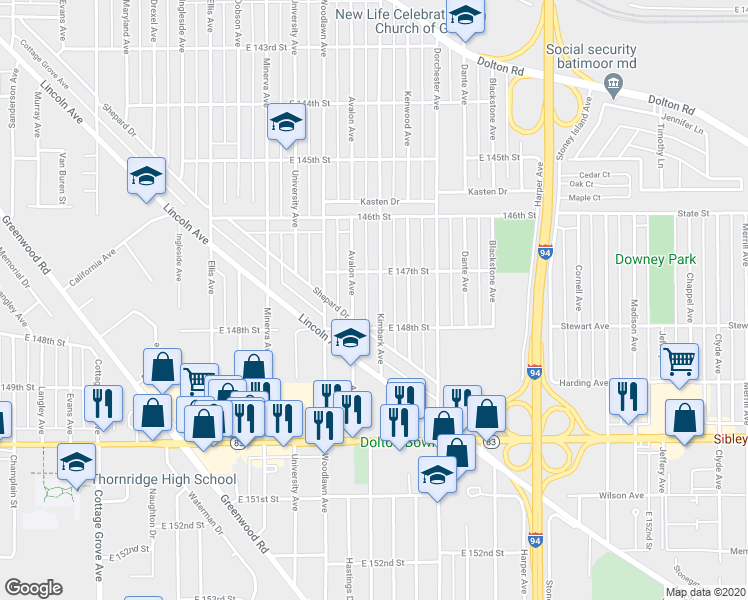 map of restaurants, bars, coffee shops, grocery stores, and more near 14722 Kimbark Avenue in Dolton