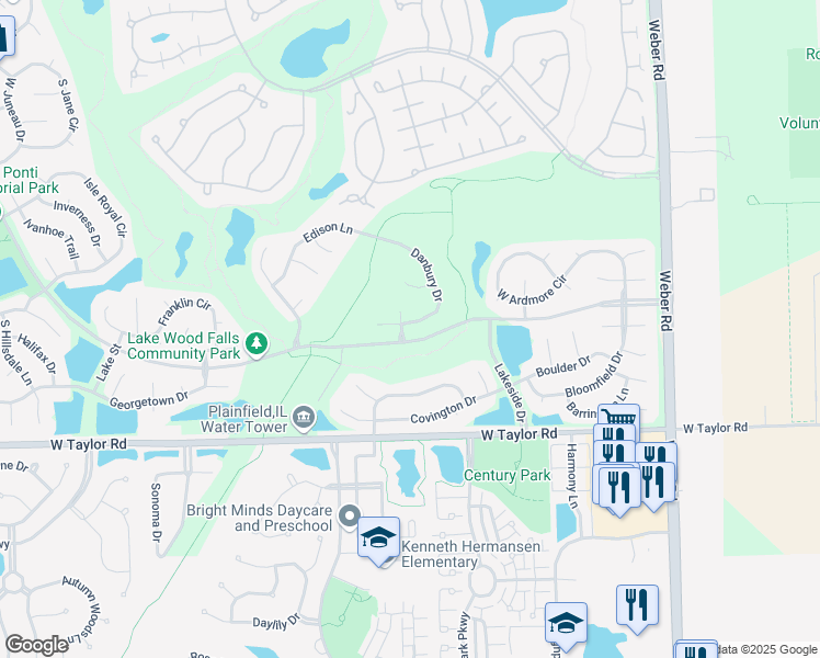 map of restaurants, bars, coffee shops, grocery stores, and more near 14065 Danbury Drive in Plainfield