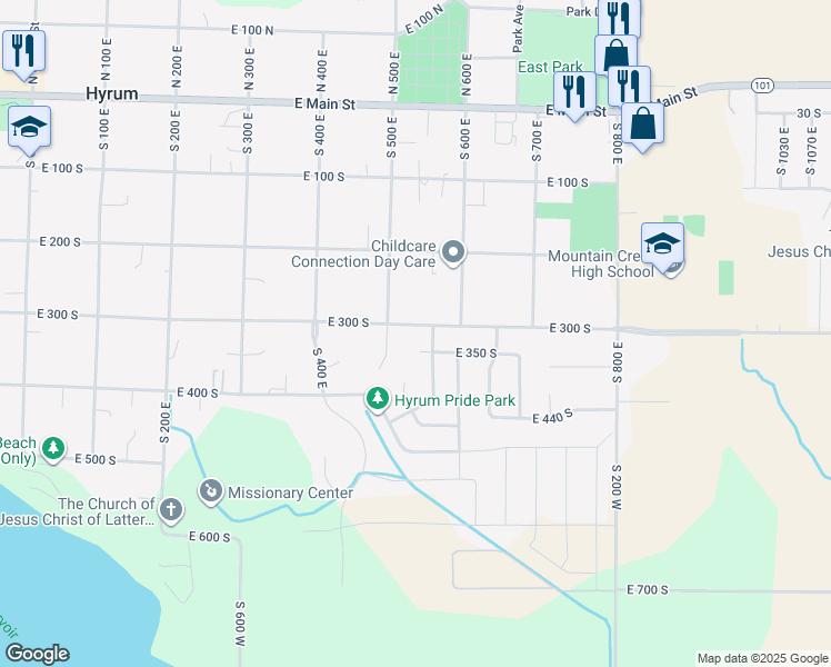 map of restaurants, bars, coffee shops, grocery stores, and more near 532 East 300 South in Hyrum