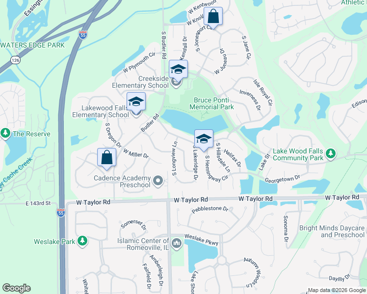 map of restaurants, bars, coffee shops, grocery stores, and more near 14121 South Lehigh Drive in Plainfield