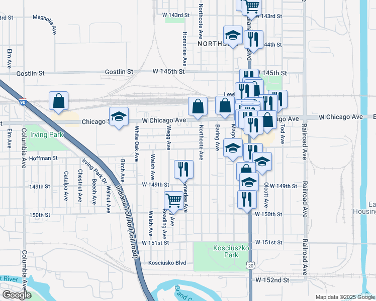 map of restaurants, bars, coffee shops, grocery stores, and more near 4819 Homerlee Avenue in East Chicago