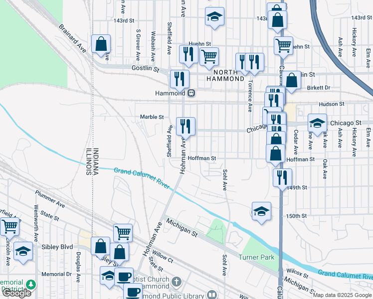 map of restaurants, bars, coffee shops, grocery stores, and more near in Hammond