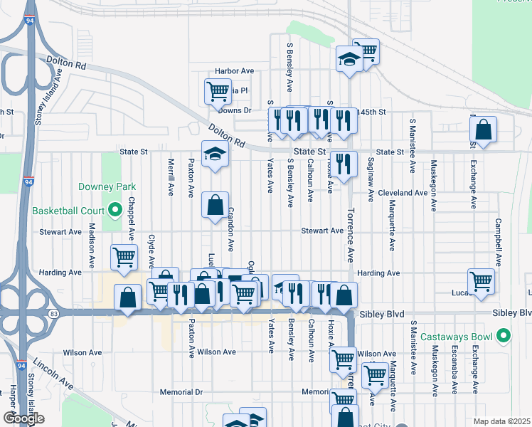 map of restaurants, bars, coffee shops, grocery stores, and more near 365 Yates Avenue in Calumet City