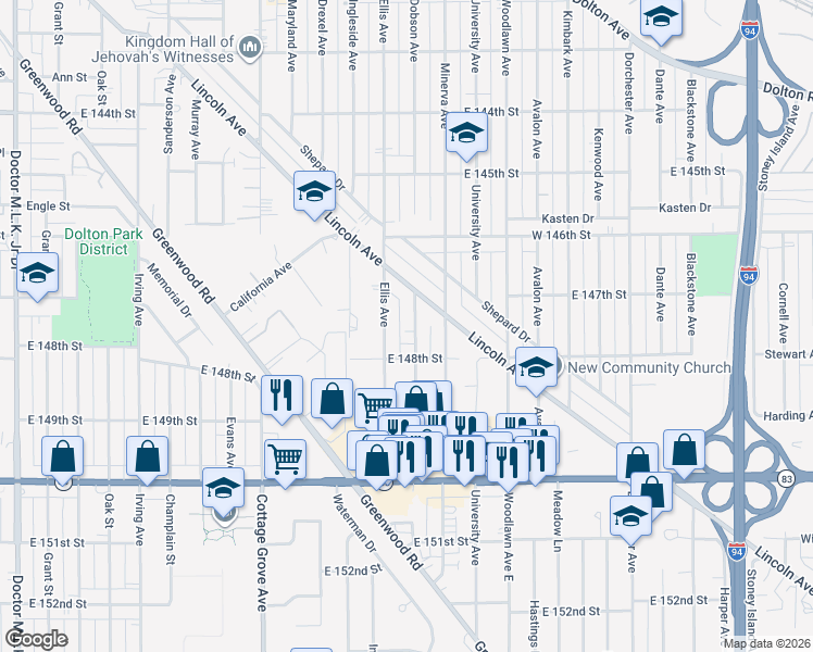 map of restaurants, bars, coffee shops, grocery stores, and more near 14745 Ellis Avenue in Dolton