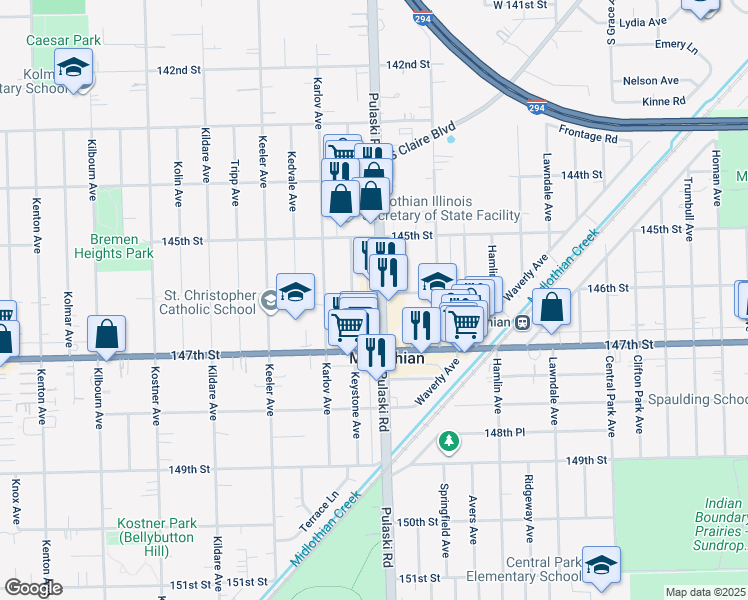 map of restaurants, bars, coffee shops, grocery stores, and more near 14633 Keystone Avenue in Midlothian