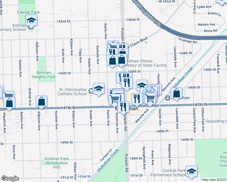 map of restaurants, bars, coffee shops, grocery stores, and more near 14629 Karlov Avenue in Midlothian