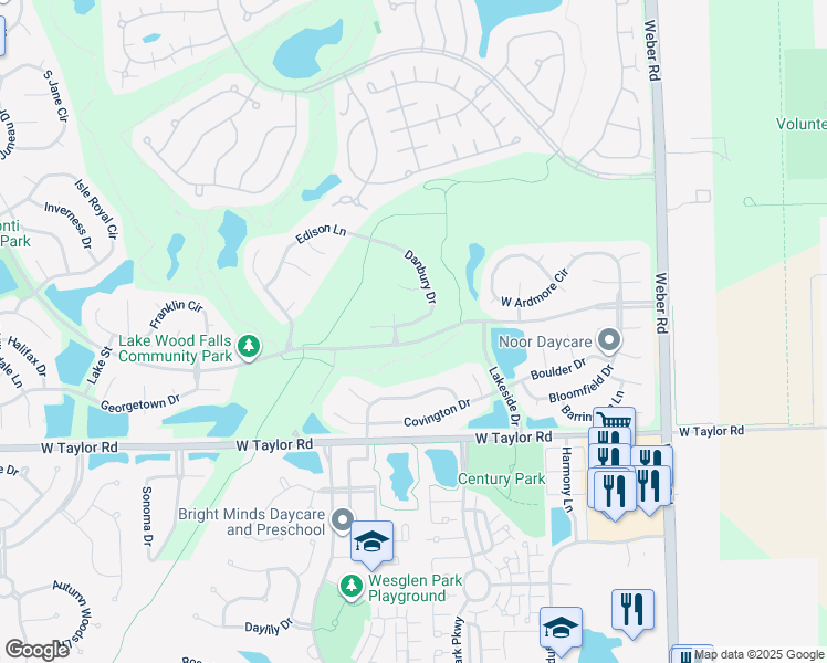 map of restaurants, bars, coffee shops, grocery stores, and more near 14065 Danbury Drive in Plainfield