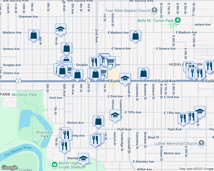 map of restaurants, bars, coffee shops, grocery stores, and more near 3416 Oxford Street in Des Moines