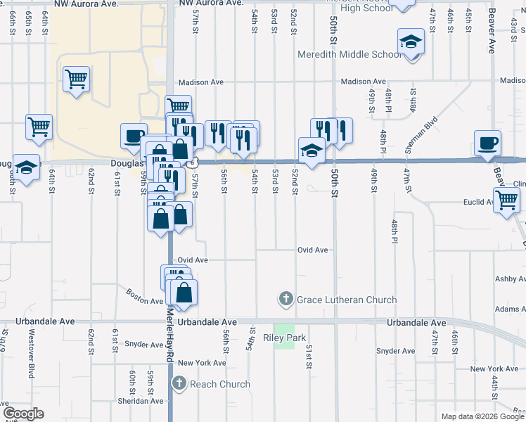 map of restaurants, bars, coffee shops, grocery stores, and more near 3428 53rd Street in Des Moines