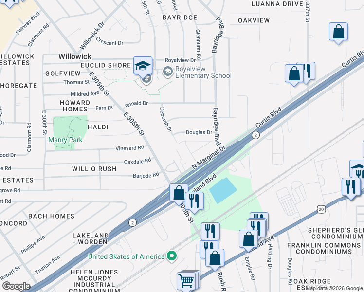 map of restaurants, bars, coffee shops, grocery stores, and more near 891 Brittney Court in Willowick