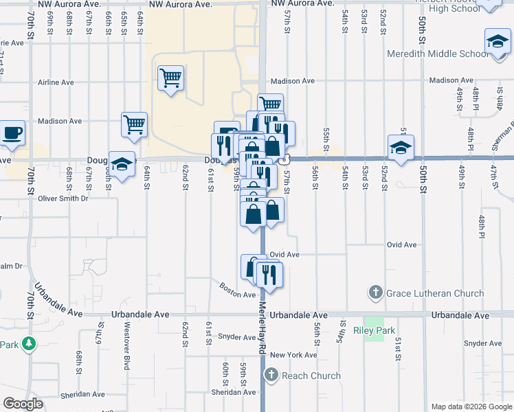 map of restaurants, bars, coffee shops, grocery stores, and more near 3525 Merle Hay Road in Des Moines