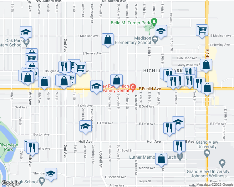 map of restaurants, bars, coffee shops, grocery stores, and more near 3512 Bowdoin Street in Des Moines