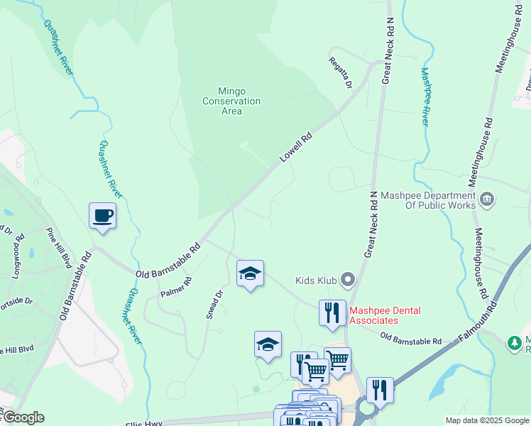 map of restaurants, bars, coffee shops, grocery stores, and more near 174 Lowell Road in Mashpee