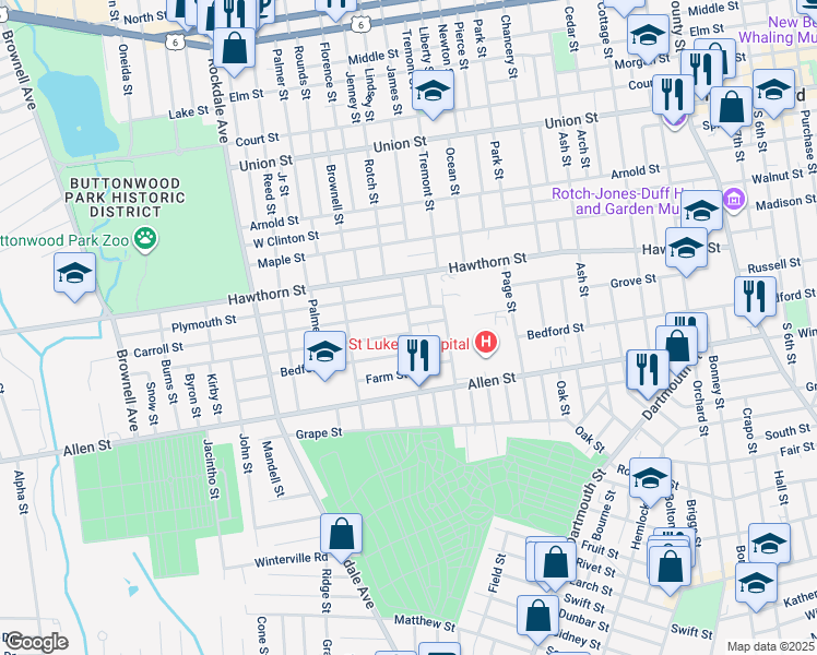 map of restaurants, bars, coffee shops, grocery stores, and more near 40 Brigham Street in New Bedford