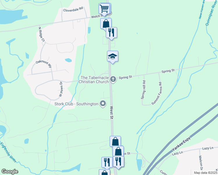 map of restaurants, bars, coffee shops, grocery stores, and more near 1432 West Street in Southington