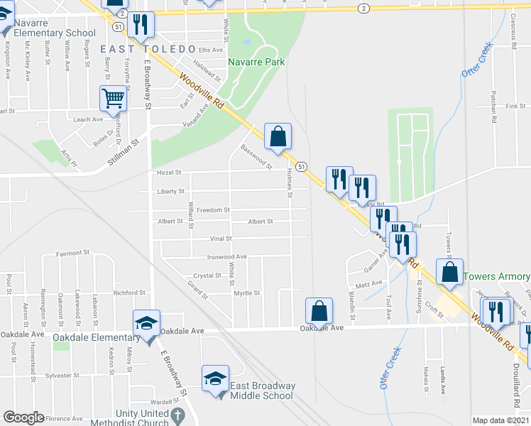 map of restaurants, bars, coffee shops, grocery stores, and more near 1528 Freedom Street in Toledo