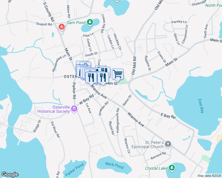 map of restaurants, bars, coffee shops, grocery stores, and more near 124 Wianno Avenue in Barnstable