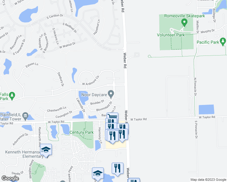 map of restaurants, bars, coffee shops, grocery stores, and more near Bloomfield Drive & Brentwood Court in Plainfield