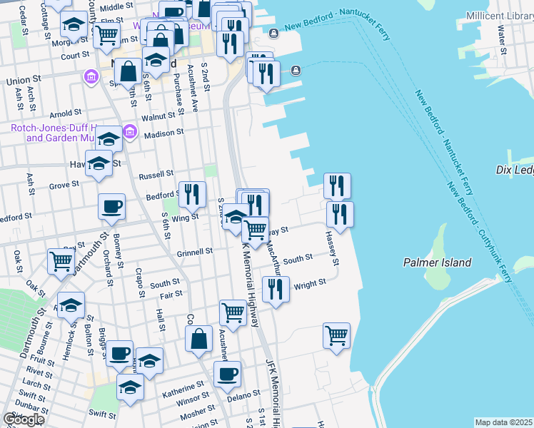 map of restaurants, bars, coffee shops, grocery stores, and more near 108 Macarthur Drive in New Bedford