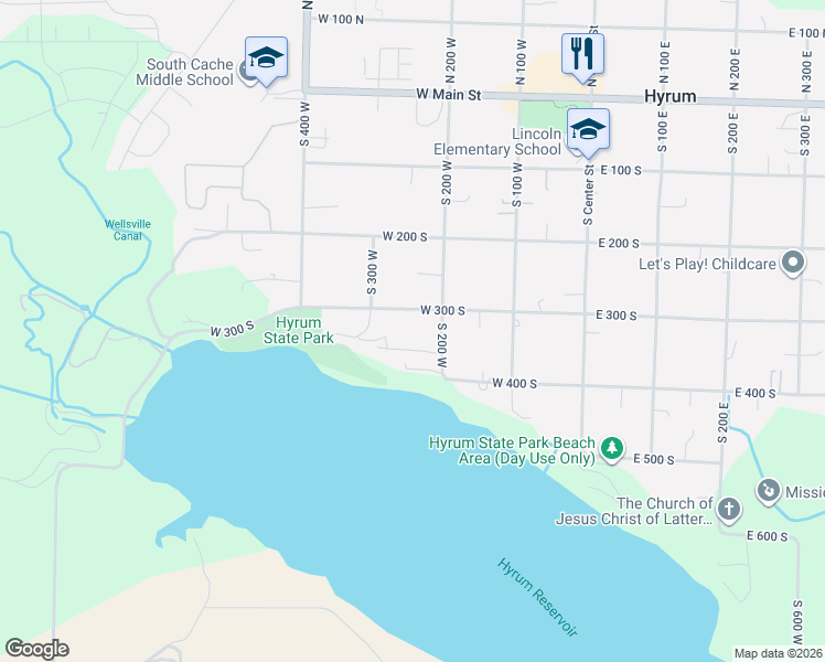 map of restaurants, bars, coffee shops, grocery stores, and more near 245 West 300 South in Hyrum