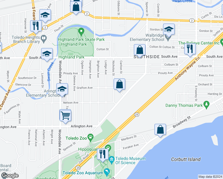 map of restaurants, bars, coffee shops, grocery stores, and more near 706 Nicholas Street in Toledo