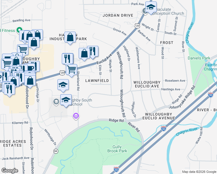 map of restaurants, bars, coffee shops, grocery stores, and more near 37507 Arthur Street in Willoughby