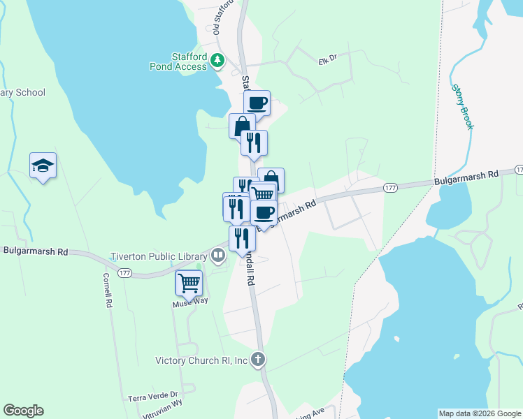 map of restaurants, bars, coffee shops, grocery stores, and more near 44 Crandall Road in Tiverton