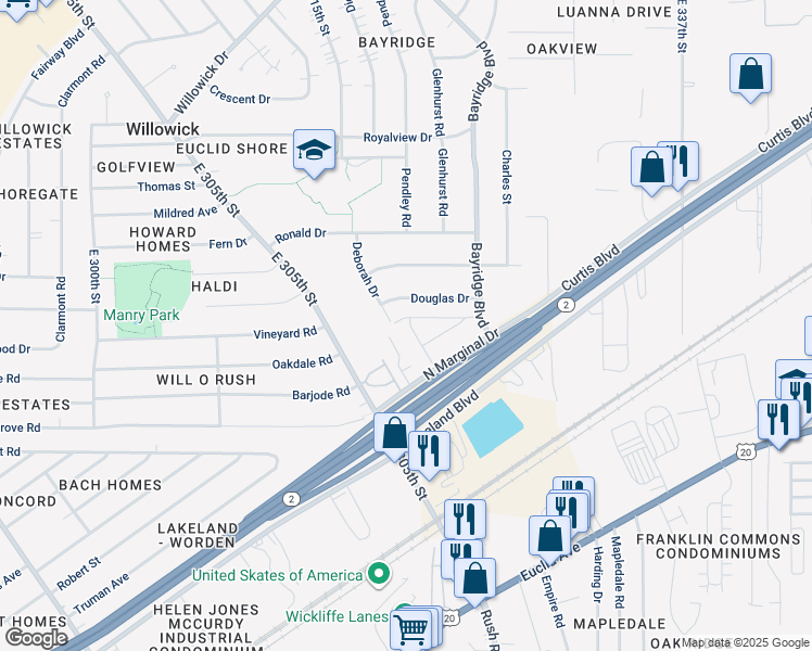 map of restaurants, bars, coffee shops, grocery stores, and more near 31508 Douglas Drive in Willowick