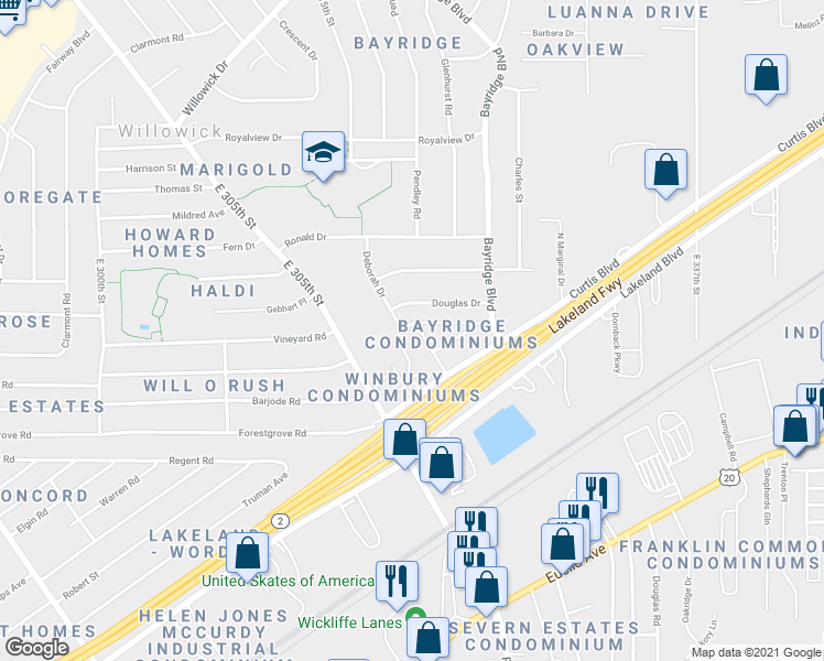 map of restaurants, bars, coffee shops, grocery stores, and more near 31508 Douglas Drive in Willowick