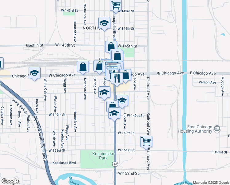 map of restaurants, bars, coffee shops, grocery stores, and more near 4722 Indianapolis Boulevard in East Chicago
