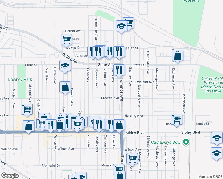 map of restaurants, bars, coffee shops, grocery stores, and more near 325 Calhoun Avenue in Calumet City