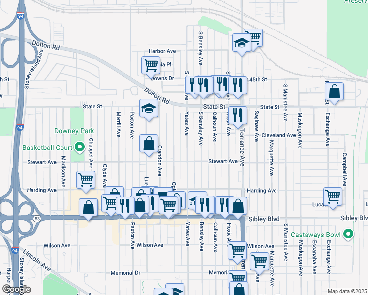 map of restaurants, bars, coffee shops, grocery stores, and more near 323 Yates Avenue in Calumet City