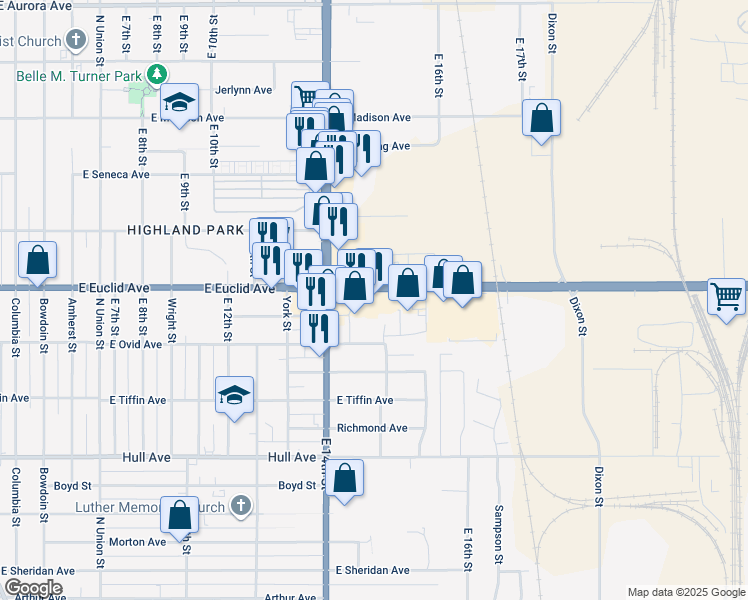 map of restaurants, bars, coffee shops, grocery stores, and more near 1424 East Euclid Avenue in Des Moines