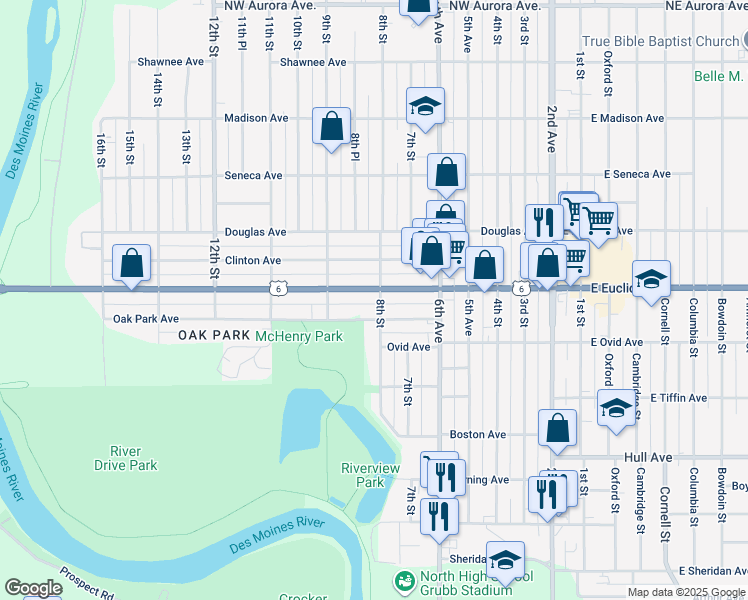 map of restaurants, bars, coffee shops, grocery stores, and more near 721 Euclid Avenue in Des Moines