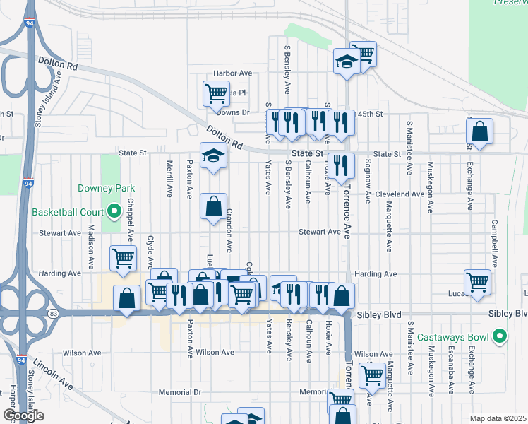 map of restaurants, bars, coffee shops, grocery stores, and more near 340 Yates Avenue in Calumet City