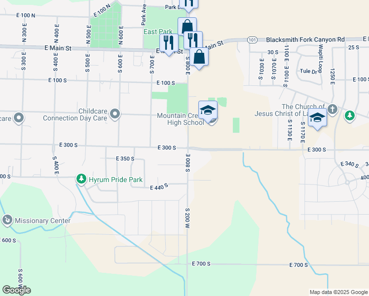 map of restaurants, bars, coffee shops, grocery stores, and more near 1438 East 300 South in Hyrum