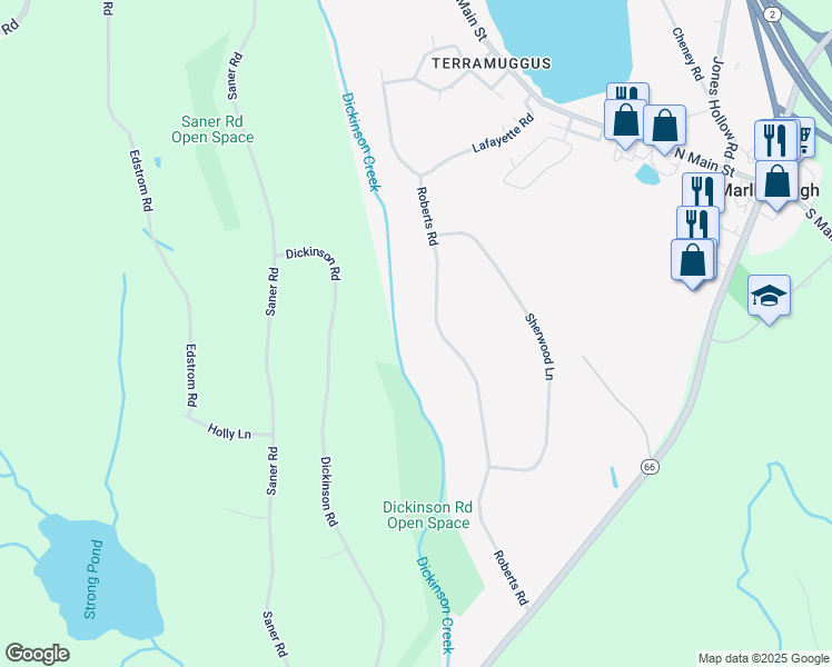 map of restaurants, bars, coffee shops, grocery stores, and more near 71 Roberts Road in Marlborough