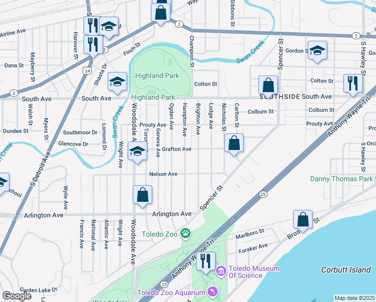 map of restaurants, bars, coffee shops, grocery stores, and more near 701 Hampton Avenue in Toledo