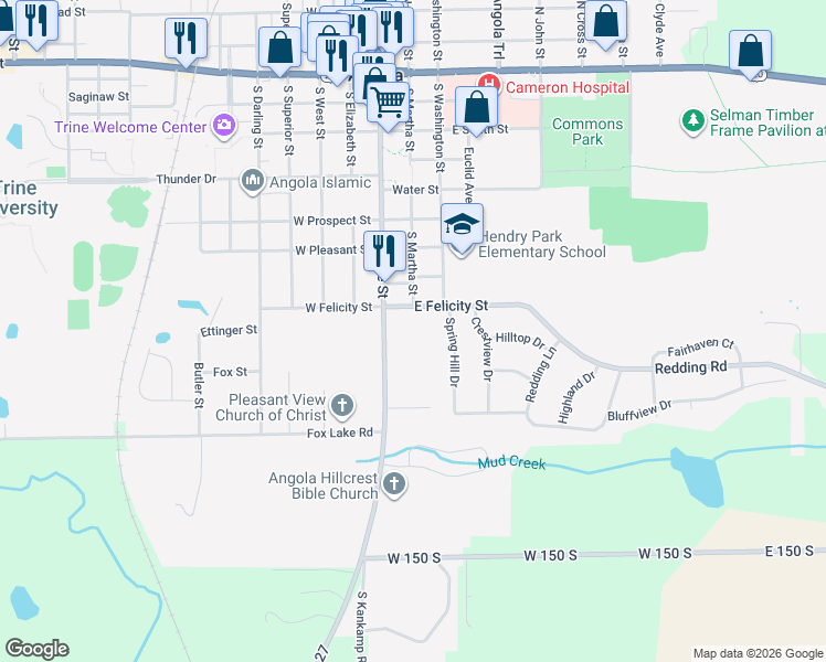 map of restaurants, bars, coffee shops, grocery stores, and more near 204 E Felicity St in Angola