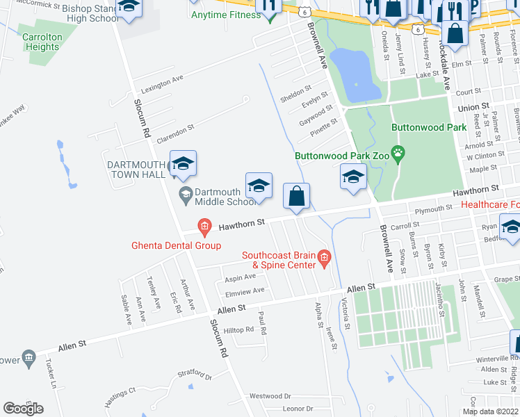 map of restaurants, bars, coffee shops, grocery stores, and more near 529 Hawthorn Street in Dartmouth