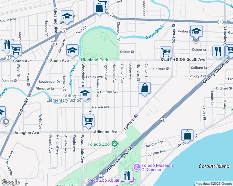 map of restaurants, bars, coffee shops, grocery stores, and more near 634 Hampton Avenue in Toledo