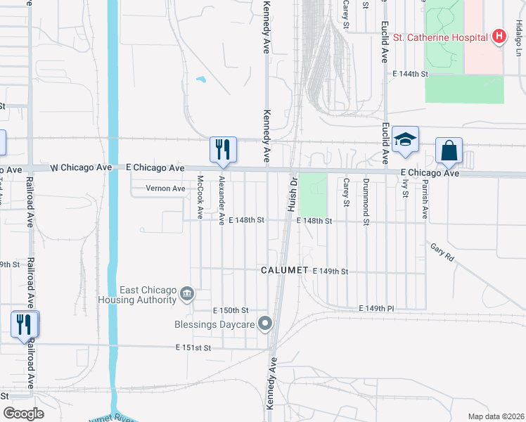 map of restaurants, bars, coffee shops, grocery stores, and more near 4734 Kennedy Avenue in East Chicago