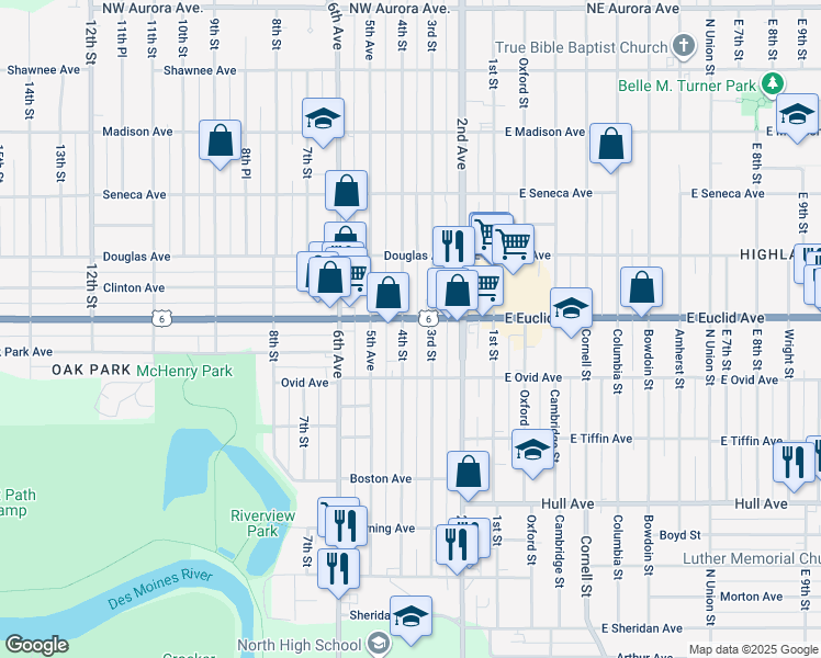 map of restaurants, bars, coffee shops, grocery stores, and more near 401 Euclid Avenue in Des Moines
