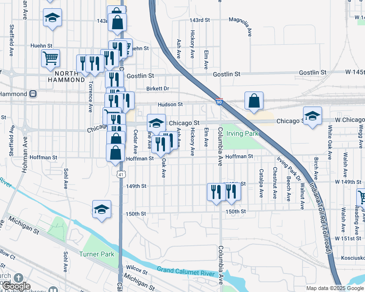 map of restaurants, bars, coffee shops, grocery stores, and more near 4726 Ash Avenue in Hammond