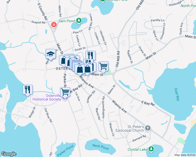 map of restaurants, bars, coffee shops, grocery stores, and more near 716 Main Street in Barnstable