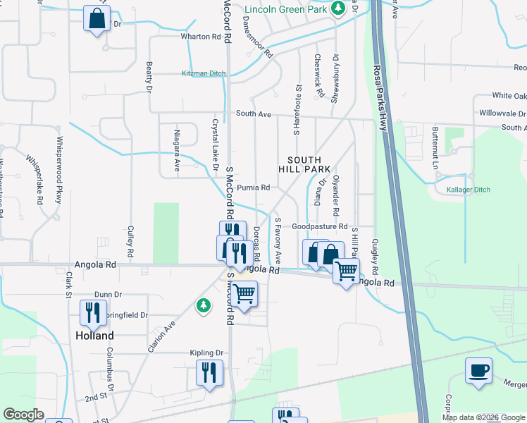 map of restaurants, bars, coffee shops, grocery stores, and more near 717 Dorcas Road in Holland