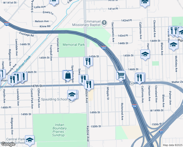 map of restaurants, bars, coffee shops, grocery stores, and more near 14542 Troy Street in Posen