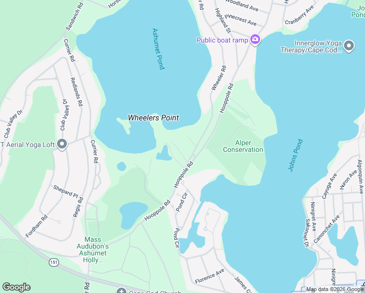 map of restaurants, bars, coffee shops, grocery stores, and more near 32 Wheeler Road in Mashpee
